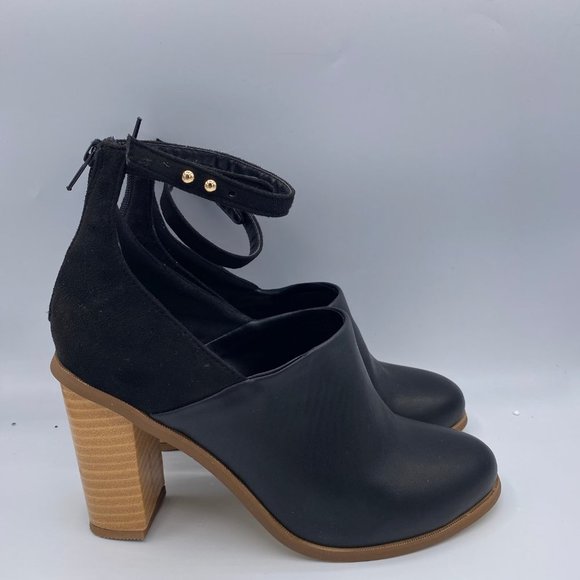 A FSJ Pointy Toe Ankle Strap Chunky Cutout Heel Pump - Picture 2 of 9